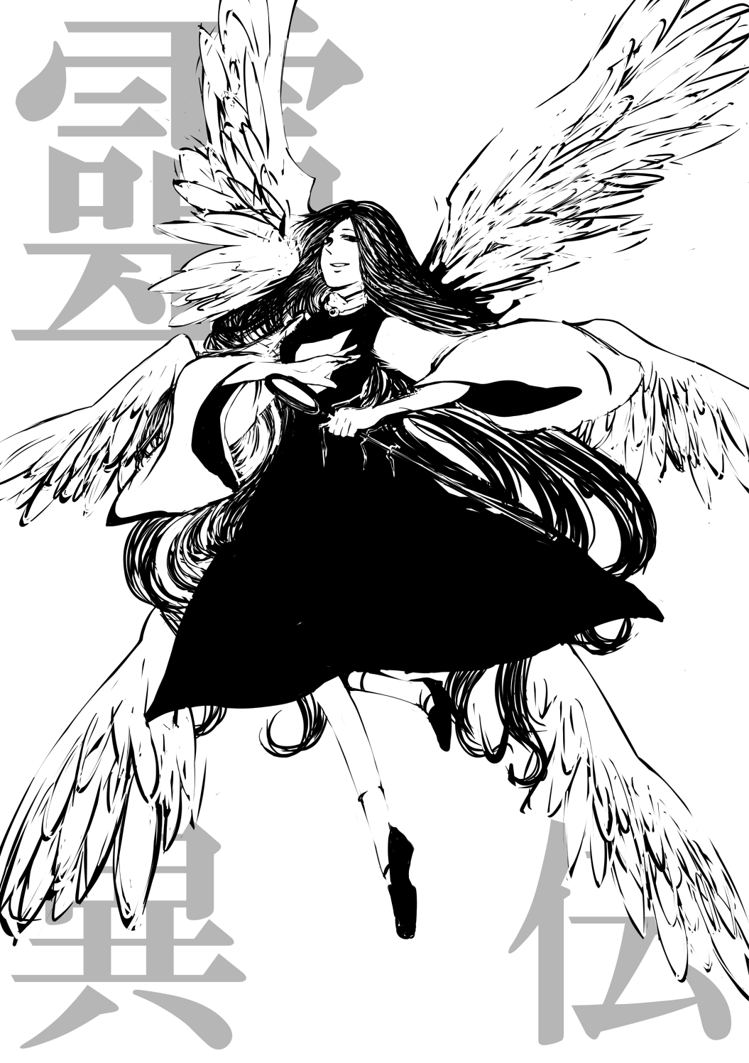 1girl angel_wings blackjoe dress feathered_wings greyscale high_contrast highly_responsive_to_prayers highres jewelry kanji long_hair long_sleeves monochrome multiple_wings necklace ribbon sariel seraph shirt smile solo staff touhou touhou_(pc-98) undershirt very_long_hair white_shirt white_wings wings