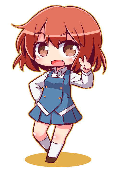1girl :d bangs blue_skirt blue_vest blush brown_eyes brown_footwear brown_hair collared_shirt colored_shadow commentary dress_shirt eyebrows_visible_through_hair fang full_body hair_between_eyes hand_on_hip hand_up inokuma_youko kin-iro_mosaic kneehighs long_hair looking_at_viewer naga_u open_mouth pleated_skirt school_uniform shadow shirt shoes skirt smile solo standing v vest white_background white_legwear white_shirt