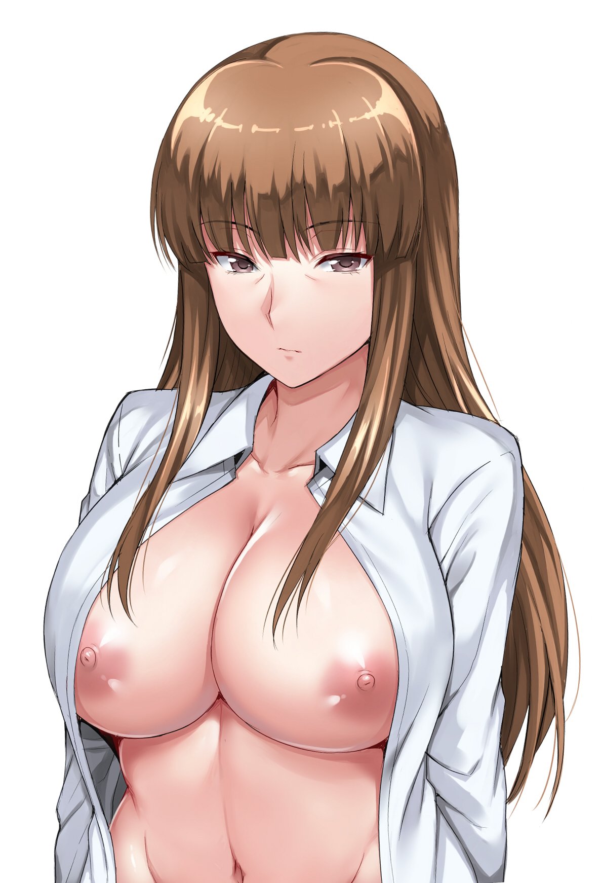 1girl ameno_shigure areolae breasts breasts_outside brown_eyes brown_hair collared_shirt erect_nipples female girls_und_panzer highres huge_breasts large_breasts long_hair looking_at_viewer milf nipples nishizumi_shiho open_clothes open_shirt shirt simple_background solo upper_body white_background