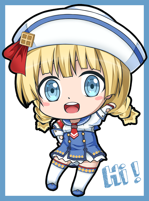 blonde_hair blue_eyes blush braid chibi dixie_cup_hat hat looking_at_viewer military_hat monster_hunter monster_hunter_3_g open_mouth quest_receptionist_(monster_hunter_3_ultimate) smile solo thighhighs twin_braids white_legwear wisewolf_art