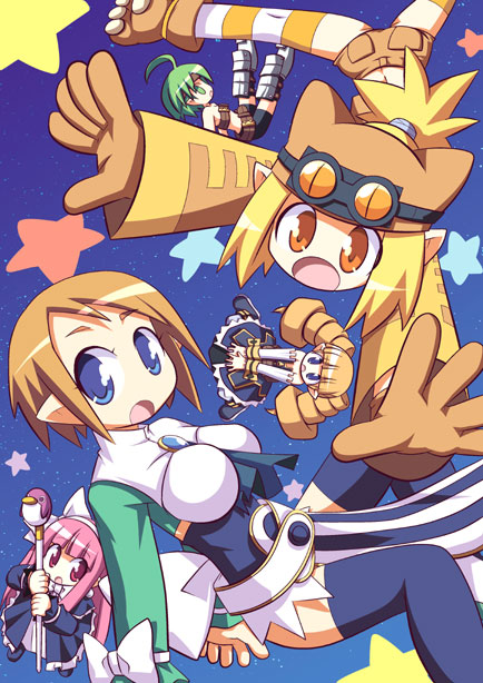 :o ahoge animal_hat archer_(disgaea) armor arms_up ascot back bandeau bangs bare_shoulders belt beltbra between_breasts bike_shorts blonde_hair blue_eyes blue_legwear blue_leotard blunt_bangs boots bow breasts cat_hat covering covering_crotch denim denim_shorts detached_sleeves disgaea dress drill_hair everyone female_warrior_(disgaea) flat_chest floating flying foreshortening frills gem gloves goggles goggles_on_head green_eyes green_hair green_shirt hair_bow hairband hat holding impossible_clothes impossible_shirt jacket large_breasts legs_up leotard loincloth lolita_fashion long_hair looking_at_viewer looking_back mage_(disgaea) magic_knight_(disgaea) makai_senki_disgaea_2 multiple_girls orange_eyes orange_hair orange_legwear osaragi_mitama parted_bangs paws pink_eyes pink_hair pointy_ears ponytail prinny shirt short_shorts shorts sky slit_pupils space spread_legs staff standing star star_(sky) starry_sky striped striped_legwear surprised tabard thief_(disgaea) thigh_boots thighhighs turtleneck twin_drills twintails very_long_hair weapon white_legwear wide_sleeves wrist_cuffs wristband