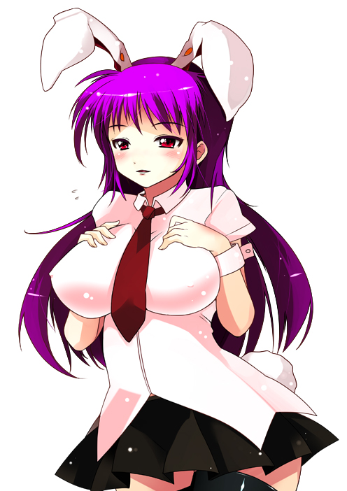 animal_ears bad_id bad_pixiv_id breasts bunny_ears bunny_tail huge_breasts ippongui long_hair necktie purple_hair red_eyes red_neckwear reisen_udongein_inaba skirt solo tail thighhighs touhou wrist_cuffs