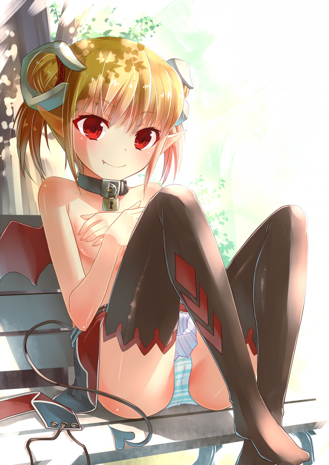 bench bikini_top_removed black_legwear blonde_hair blush breasts cameltoe collar covering covering_breasts demon_girl demon_tail demon_wings double_bun fang horns kakuno lock looking_at_viewer no_shoes original panties pointy_ears red_eyes shelly_(kakuno) short_hair short_twintails sidelocks sitting small_breasts smile solo striped striped_panties tail thighhighs topless tree_shade twintails underwear wings