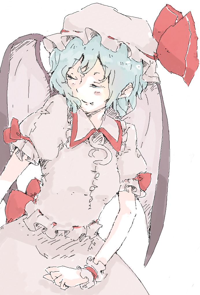 bat_wings blue_hair eyes_closed fang hat hat_ribbon mob_cap pisoshi remilia_scarlet ribbon short_hair solo touhou wings