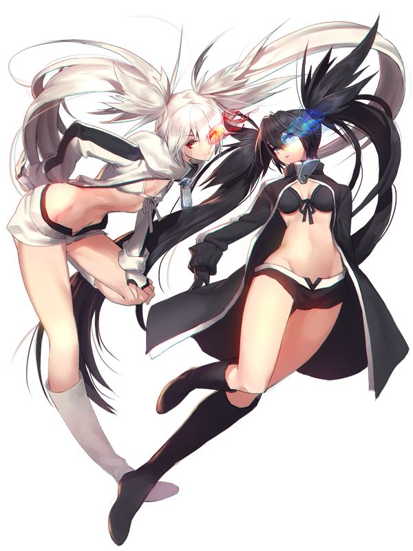 bikini_top black_footwear black_gloves black_rock_shooter black_rock_shooter_(character) black_rock_shooter_(game) blue_eyes blue_fire boots coat fingerless_gloves fire full_body gloves knee_boots light_trail long_hair long_sleeves matsuki_ringo midriff multiple_girls open_clothes open_coat red_eyes short_shorts shorts transparent_background twintails very_long_hair white_footwear white_gloves white_rock_shooter
