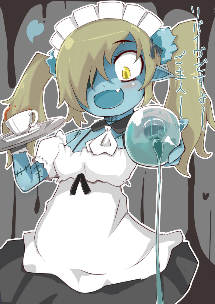 apron blonde_hair blue_skin blush cup disgaea hair_over_one_eye heart long_hair maid maid_(disgaea) maid_apron maid_headdress makai_senki_disgaea_5 nekoderu_(neko_del) open_mouth scar solo teacup twintails zombie