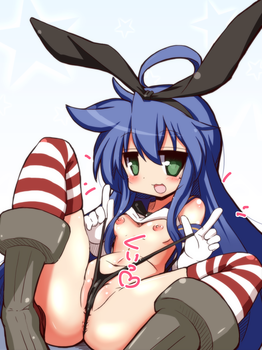 1girl ahoge animal_ears anus blue_hair blush bunny_ears cosplay elbow_gloves gloves green_eyes izumi_konata kantai_collection long_hair lucky_star mizushima_(p201112) mole nipples partially_visible_anus shimakaze_(kantai_collection) shimakaze_(kantai_collection)_(cosplay) solo striped striped_legwear thighhighs thong wedgie white_gloves