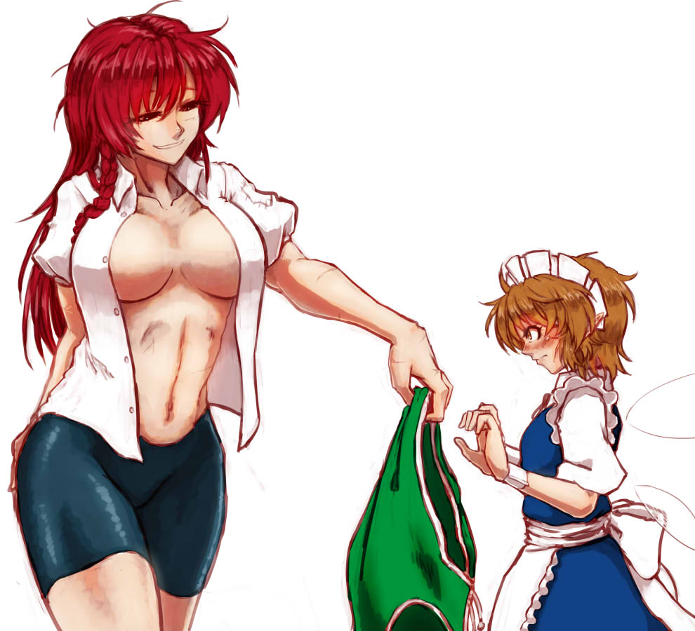 apron arm_behind_back bike_shorts blouse blue_dress blue_eyes blush braid breasts brown_hair chinese_clothes collarbone commentary_request crop_top dress embarrassed fairy_maid fairy_wings grin half-closed_eyes height_difference hong_meiling koyubi_(littlefinger1988) large_breasts long_hair looking_at_another maid_apron maid_headdress multiple_girls navel no_bra open_blouse open_clothes puffy_short_sleeves puffy_sleeves red_hair short_hair short_sleeves size_difference smile sportswear tangzhuang touhou twin_braids undressing wings
