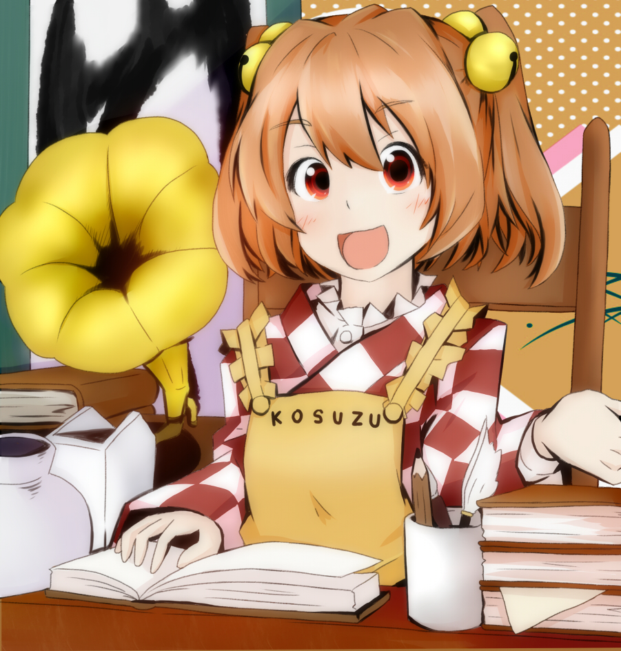 apron bell book character_name checkered clothes_writing hair_bell hair_ornament japanese_clothes kuroneko_(kuroi-neko) motoori_kosuzu open_mouth phonograph red_eyes red_hair short_hair smile solo touhou two_side_up