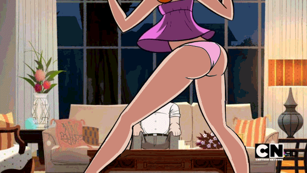 1boy 1girl animated animated_gif ass ass_shake butt_crack camisole chair couch dance from_behind kimmy_meisner lamp octus_(sym-bionic_titan) panties pillows pink_panties red_hair seated sym-bionic_titan vase window