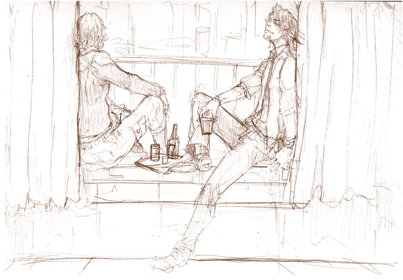 akebi_miso alcohol balcony barnaby_brooks_jr brown curtains facial_hair full_body goatee holding indoors kaburagi_t_kotetsu looking_at_viewer male_focus monochrome multiple_boys parted_lips sitting sketch tiger_&amp;_bunny