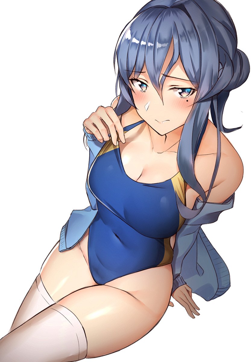 1girl bangs bare_shoulders blue_cardigan blue_hair blue_swimsuit blush breasts cardigan closed_mouth collarbone gotland_(kantai_collection) hair_between_eyes highres kantai_collection large_breasts long_hair looking_at_viewer mole mole_under_eye navel one-piece_swimsuit pallad simple_background solo swimsuit thighhighs thighs white_background white_legwear
