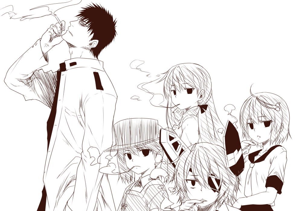 1boy 4girls ahoge akashi_(kantai_collection) breasts dog_tags eyebrows_visible_through_hair eyepatch greyscale hair_ornament hair_ribbon hat headgear i-58_(kantai_collection) kamio_reiji_(yua) kantai_collection long_hair looking_at_viewer monochrome multiple_girls open_mouth ribbon ryuujou_(kantai_collection) school_swimsuit school_uniform serafuku short_hair swimsuit swimsuit_under_clothes tenryuu_(kantai_collection) tress_ribbon twintails visor_cap yua_(checkmate)