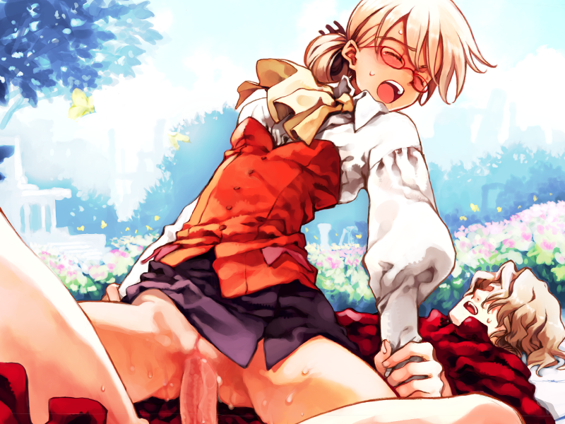 blonde_hair blush closed_eyes clothed_sex cum cum_in_pussy day field flower flower_field game_cg girl_on_top glasses lying mariella_grandback on_back ooyari_ashito open_mouth outdoors penis pussy reverse_cowgirl_position sex short_hair shoujo_mahou_gaku_littlewitch_romanesque skirt straddling sweatdrop teeth vaginal wince
