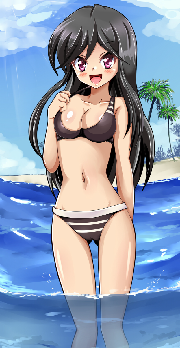 :d a_channel beach bikini black_hair blue_sky blush breasts cloud day highres long_hair looking_at_viewer medium_breasts navel nishi_yuuko ocean open_mouth outdoors palm_tree purple_eyes shiguko sky smile solo swimsuit tree tsurime wading water