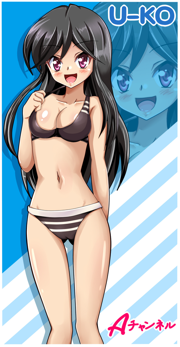 :d a_channel bikini black_hair blush breasts character_name copyright_name highres long_hair looking_at_viewer medium_breasts navel nishi_yuuko open_mouth purple_eyes shiguko smile solo swimsuit tsurime