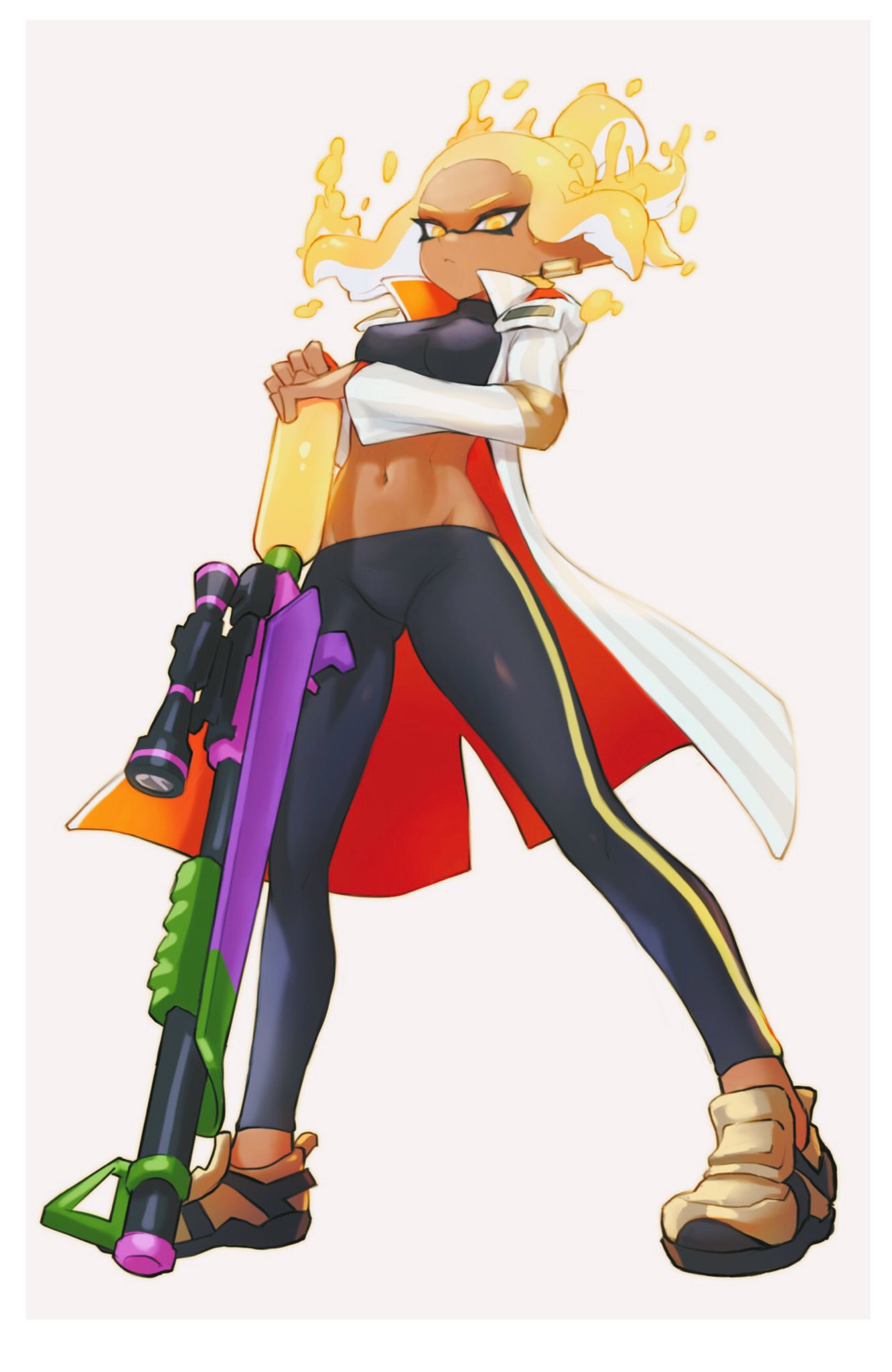 1girl blonde_hair breasts closed_mouth coat dark_skin domino_mask earrings erect_nipples frown full_body groin highres inkling jewelry jtveemo leggings legs_apart long_sleeves mask medium_breasts navel nintendo open_clothes open_coat pointy_ears shoes short_hair solo splat_charger_(splatoon) splatoon splatoon_(series) splatoon_2 standing tentacle_hair white_coat yellow_eyes