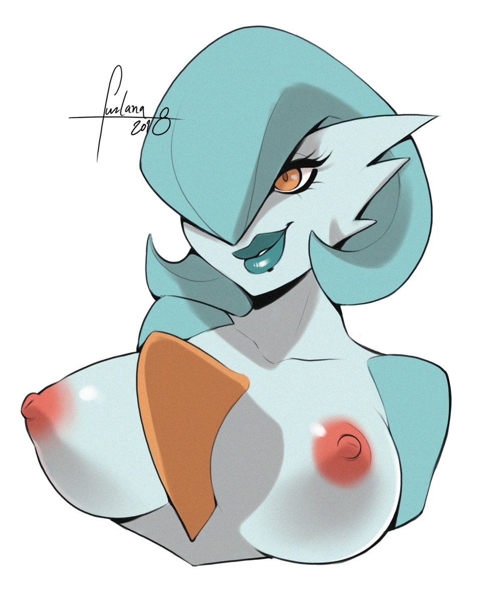 2018 big_lips breasts eyelashes female furlana gardevoir lips nintendo orange_eyes pok&eacute;mon pok&eacute;mon_(species) shiny_pok&eacute;mon signature simple_background solo video_games white_background