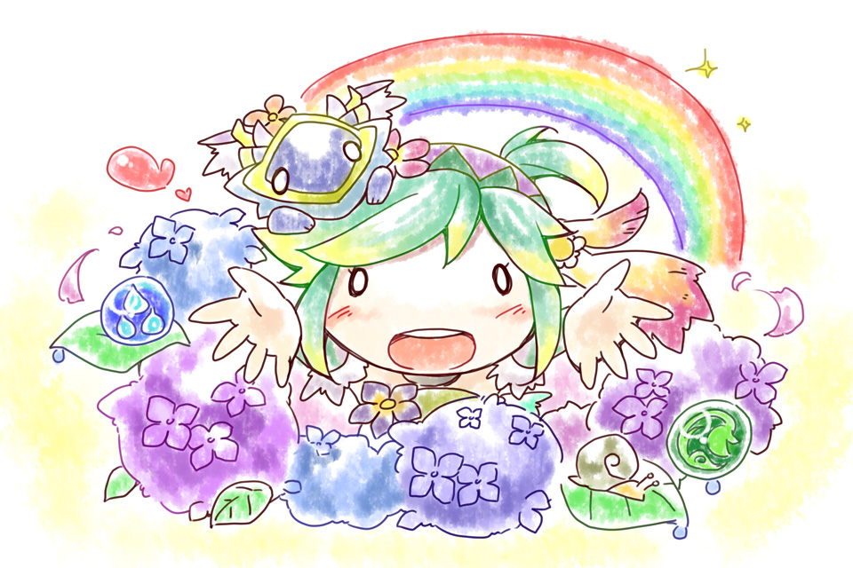 :d blush dragon flower green_hair hair_flower hair_ornament leaf looking_at_viewer nyagakiya open_mouth orb outstretched_arms plan_(p&amp;d) puzzle_&amp;_dragons short_hair smile snail solid_circle_eyes solo sparkle