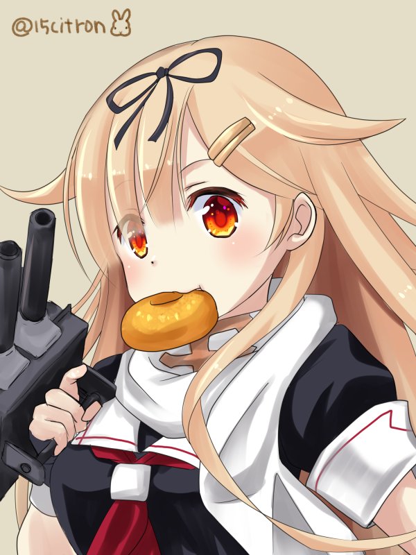 15citron 1girl adapted_turret artist_name black_ribbon black_serafuku blonde_hair cannon commentary_request doughnut food grey_background hair_flaps hair_ornament hair_ribbon hairclip kantai_collection long_hair mouth_hold neckerchief red_eyes red_neckwear remodel_(kantai_collection) ribbon scarf school_uniform serafuku simple_background solo turret upper_body white_scarf yuudachi_(kantai_collection)