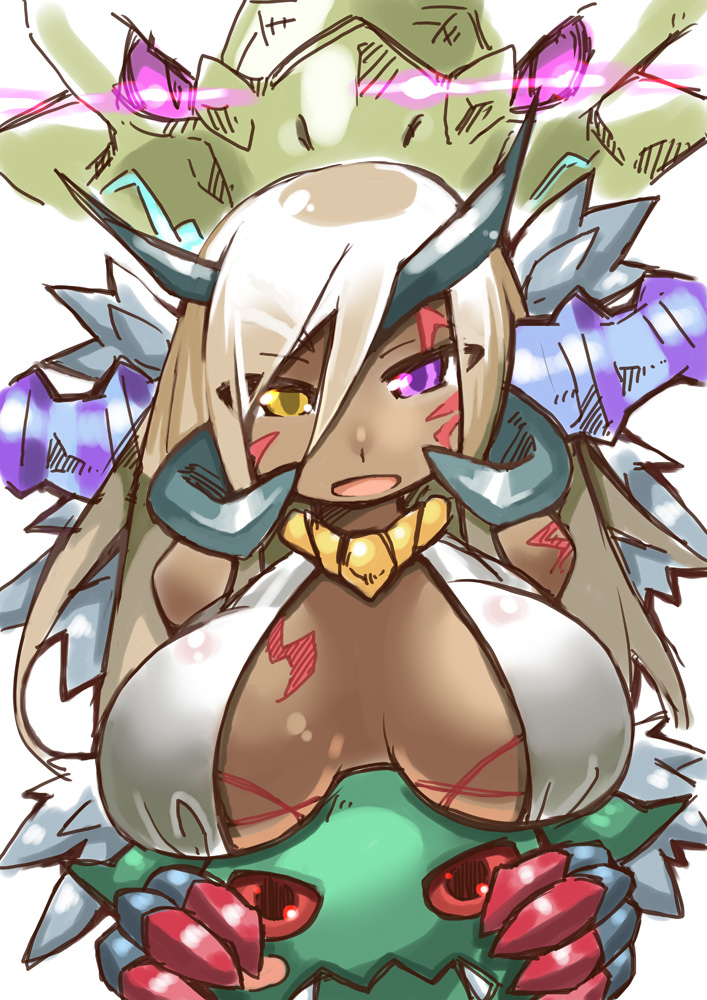 bodypaint breast_rest breasts claws dark_skin draggie_(p&amp;d) dragon dragon_girl facial_mark heterochromia horns large_breasts light_brown_hair long_hair nyagakiya open_mouth purple_eyes puzzle_&amp;_dragons simple_background solo sonia_gran white_background yellow_eyes
