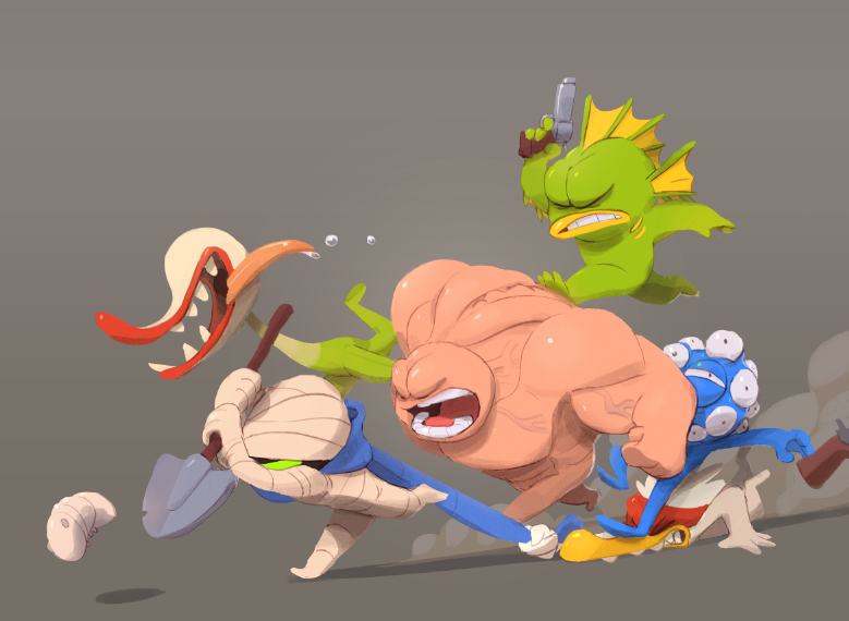 4boys bandages bird blindfold blue_scarf chicken chicken_(nuclear_throne) clenched_teeth closed_eyes cyclops drooling extra_eyes eyes_(nuclear_throne) fish_(nuclear_throne) green_eyes grey_background gun handgun justin_chan maggot maggot_(nuclear_throne) multiple_boys multiple_girls muscle nuclear_throne nude official_art one-eyed open_mouth plant_(nuclear_throne) rebel_(nuclear_throne) revolver running saliva scarf scarf_grab shovel simple_background steroids_(nuclear_throne) teeth tongue tongue_out weapon