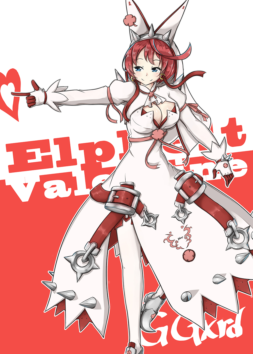 1girl ahoge arc_system_works ardi artist_request blue_eyes blush breasts bridal_veil character_name cleavage clover dress elphelt_valentine female four-leaf_clover gloves guilty_gear guilty_gear_xrd hairband large_breasts pointing red_hair ribbon shoes short_hair smile solo spikes thighhighs veil wedding_dress white_dress