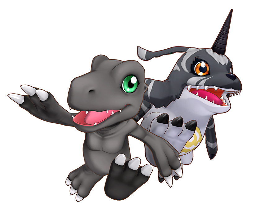 agumon_(black) cel_shading claws creature digimon digimon_story:_cyber_sleuth fur gabumon_(black) game_model green_eyes horn no_humans official_art open_mouth orange_eyes simple_background teeth tongue