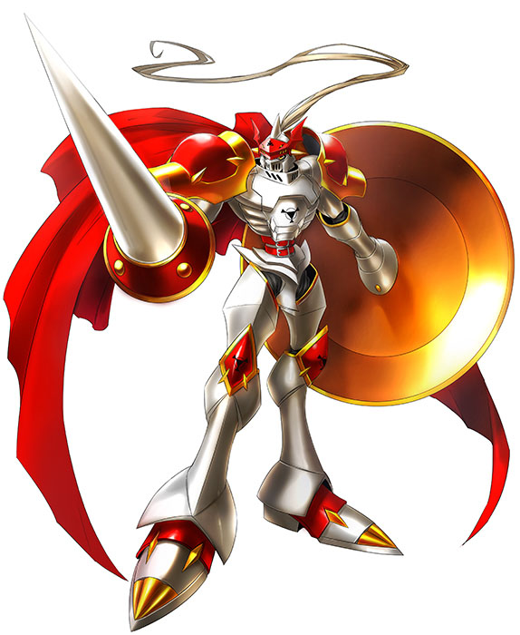 cape digimon digimon_story:_cyber_sleuth digital_hazard dukemon full_armor knight lance no_humans official_art pauldrons polearm red_cape shield simple_background solo weapon yasuda_suzuhito yellow_eyes