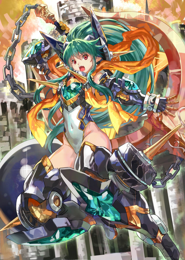 :o arm_up armor armored_boots bangs bare_shoulders boots breastplate chain covered_navel flat_chest flipped_hair full_body gauntlets gem glint greaves green_hair high_ponytail highleg highleg_leotard holding holding_weapon huge_weapon jumping leotard long_hair looking_at_viewer metal_boots navel open_mouth over_shoulder pointy_ears ponytail ran'ou_(tamago_no_kimi) red_eyes shinrabanshou shizuku_(shinrabanshou) sidelocks solo spikes thighhighs v-shaped_eyebrows very_long_hair weapon weapon_over_shoulder