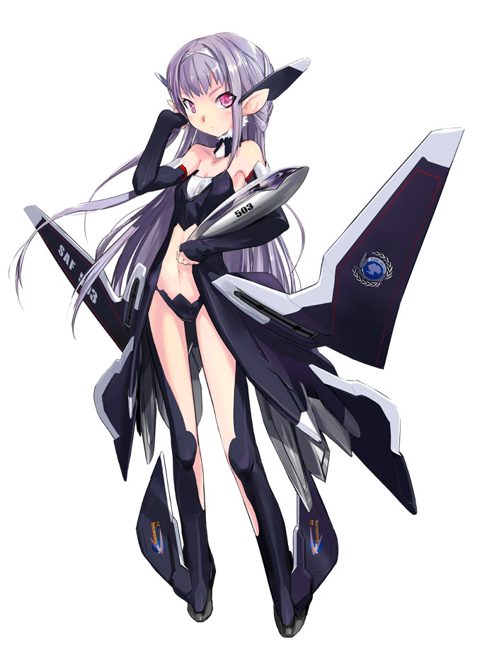 elbow_gloves ffr-41mr gloves long_hair mecha_musume pink_eyes purple_hair robot_ears sentou_yousei_yukikaze solo zeco