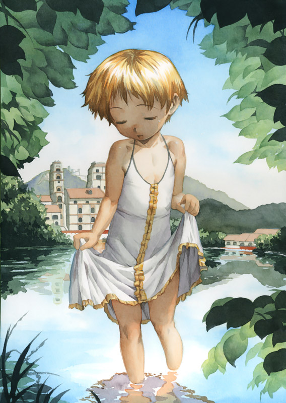 barefoot brown_hair child city closed_eyes copyright_request day dress flat_chest nature open_mouth outdoors satou_toshiyuki short_hair skirt_hold sleeveless sleeveless_dress soaking_feet solo standing water