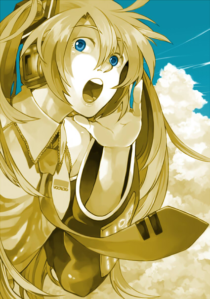 bad_id bad_pixiv_id blue_eyes cloud hatsune_miku i_(kaiyou) long_hair necktie shouting sky solo twintails vocaloid