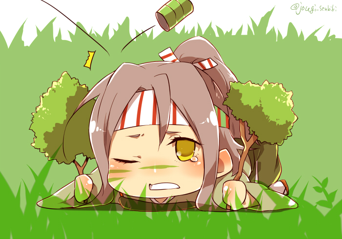 bad_id bad_pixiv_id brown_hair camouflage hachimaki headband high_ponytail japanese_clothes kantai_collection light_brown_hair long_hair looking_at_viewer lying muneate on_stomach one_eye_closed senbiki_(nonono69) solo twitter_username yellow_eyes zuihou_(kantai_collection)