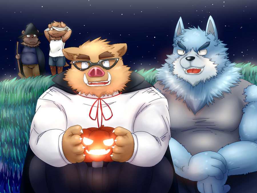 2010 anthro blue_fur boar brown_fur canid canine canis clothing dog fur group halloween holidays humanoid_hands male mammal mohumohuotou night okatana outside overweight overweight_male pants porcine privateotou shirt shorts sitting wolf