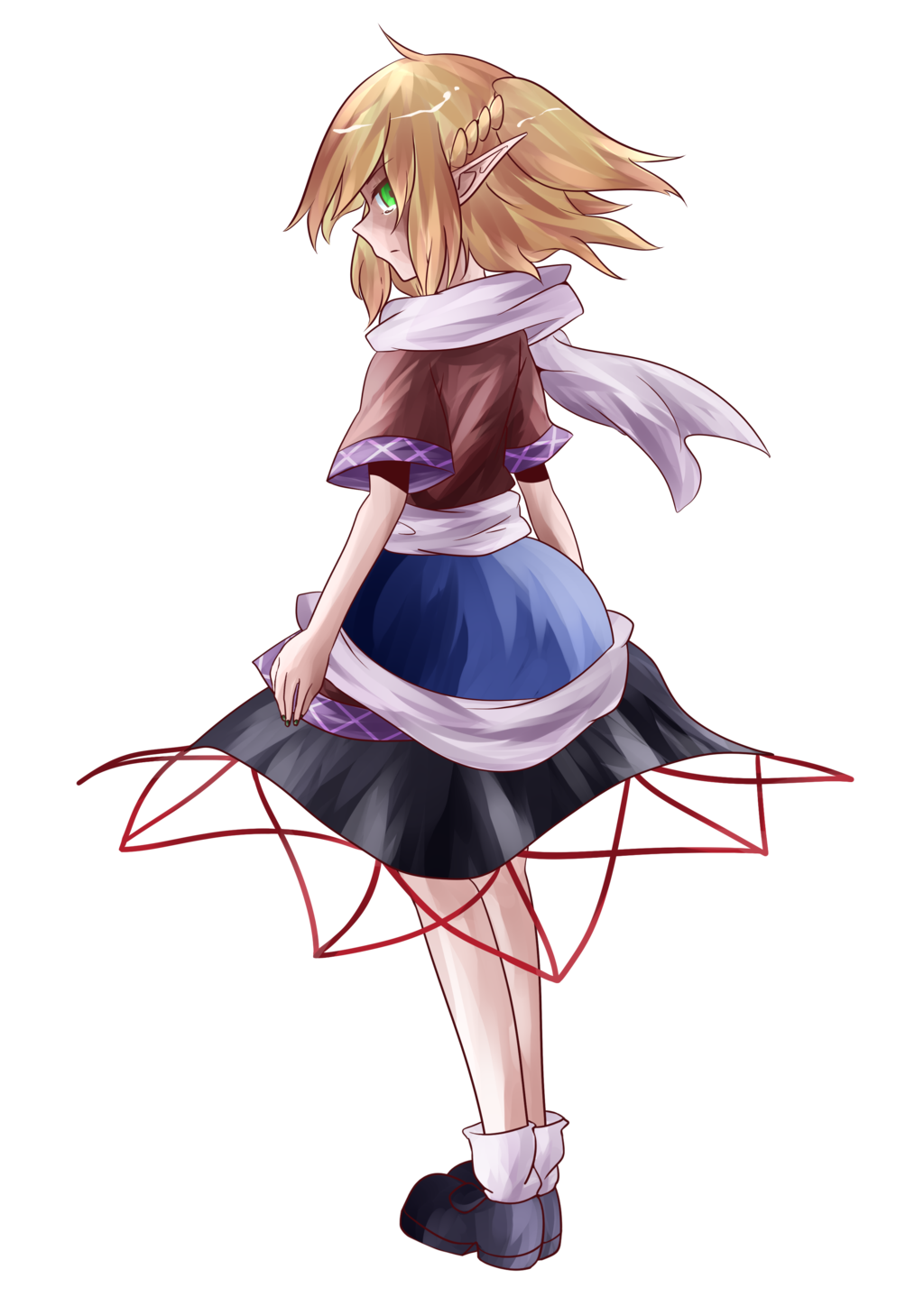 1girl blonde_hair floating_hair full_body green_eyes guuchama highres looking_back mizuhashi_parsee pointy_ears ponytail sash scarf shady_eyes short_sleeves solo tears touhou white_background