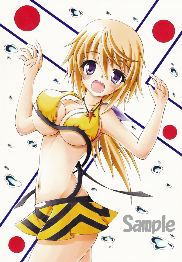 bikini bikini_skirt blonde_hair charlotte_dunois infinite_stratos long_hair marker_(medium) munmu purple_eyes sample solo swimsuit traditional_media wardrobe_malfunction