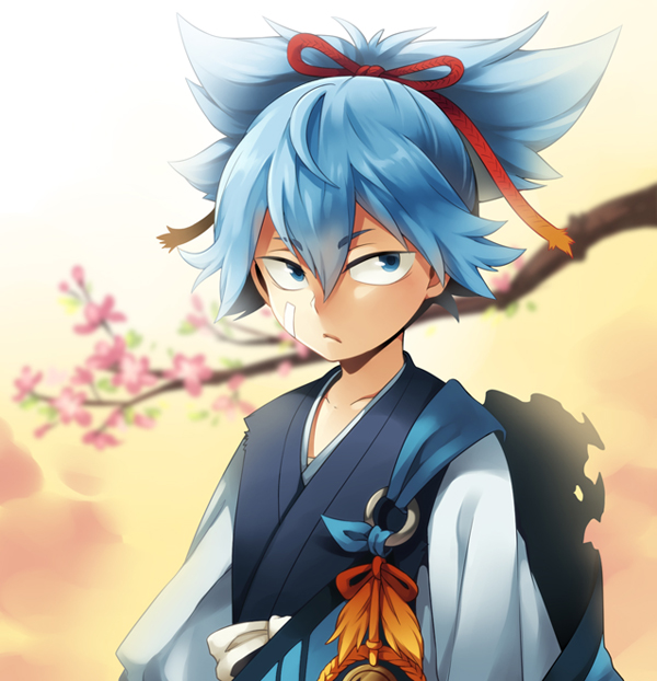 blue_eyes blue_hair cr72 japanese_clothes male_focus sayo_samonji solo touken_ranbu tree upper_body