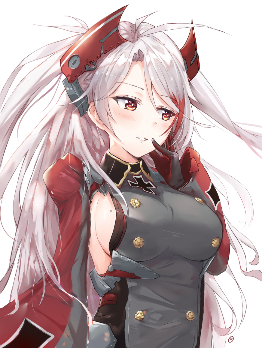 1girl antenna_hair azur_lane bangs breasts collar cross cross_earrings double-breasted earrings envyvanity finger_to_mouth headgear iron_cross jewelry large_breasts lips long_hair long_sleeves looking_away mole mole_on_breast multicolored_hair open_mouth orange_eyes prinz_eugen_(azur_lane) red_hair sideboob silver_hair smile solo streaked_hair swept_bangs two_side_up very_long_hair white_background
