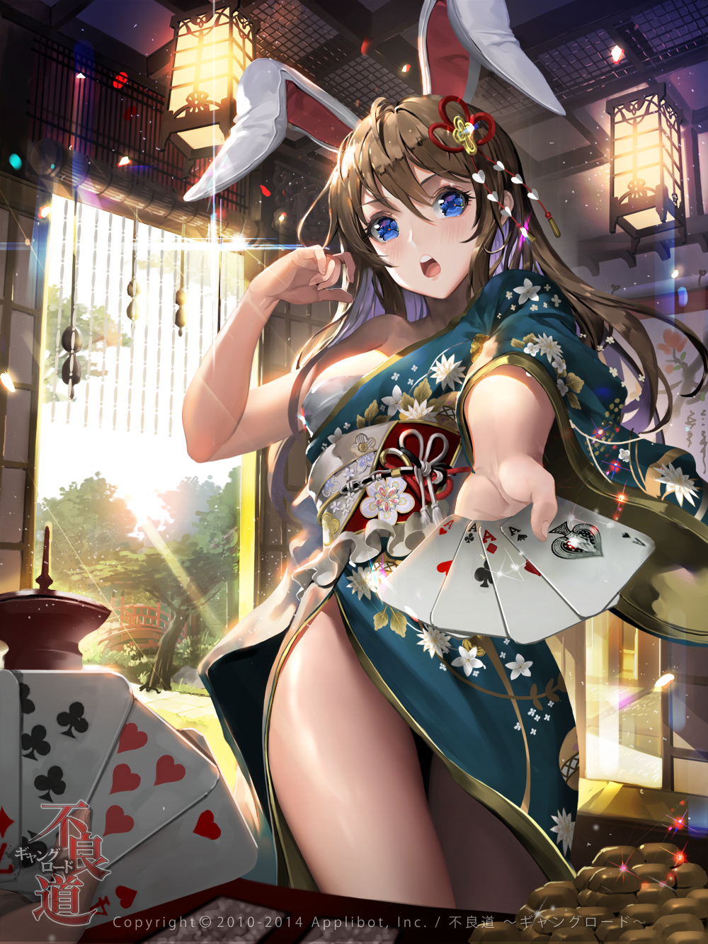 ace animal_ears architecture blue_eyes bridge brown_hair bunny_ears card club_(shape) diamond_(shape) east_asian_architecture furyou_michi_~gang_road~ hair_ornament heart highres indoors long_hair open_mouth playing_card poker rebecca_myers solo_focus spade_(shape) tob tree