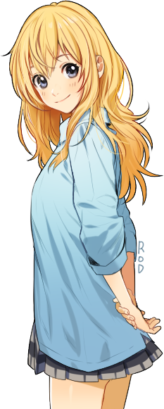 arm_behind_back blonde_hair blue_shirt brown_eyes grey_skirt hands_together long_hair looking_at_viewer miyazono_kawori pleated_skirt rod_(rod4817) shigatsu_wa_kimi_no_uso shirt signature simple_background skirt smile solo white_background
