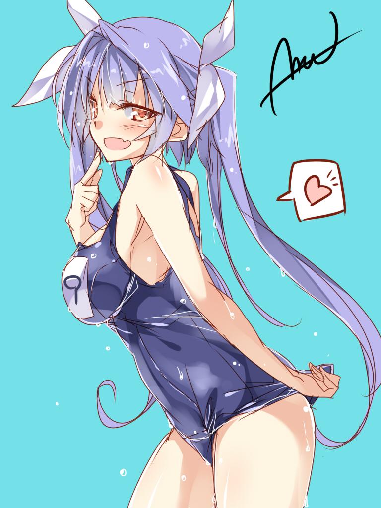 :d adjusting_clothes adjusting_swimsuit bare_shoulders breasts brown_eyes hair_ribbon heart i-19_(kantai_collection) jpeg_artifacts kantai_collection large_breasts mtu_(orewamuzituda) open_mouth ribbon smile solo spoken_heart swimsuit twintails v-shaped_eyebrows
