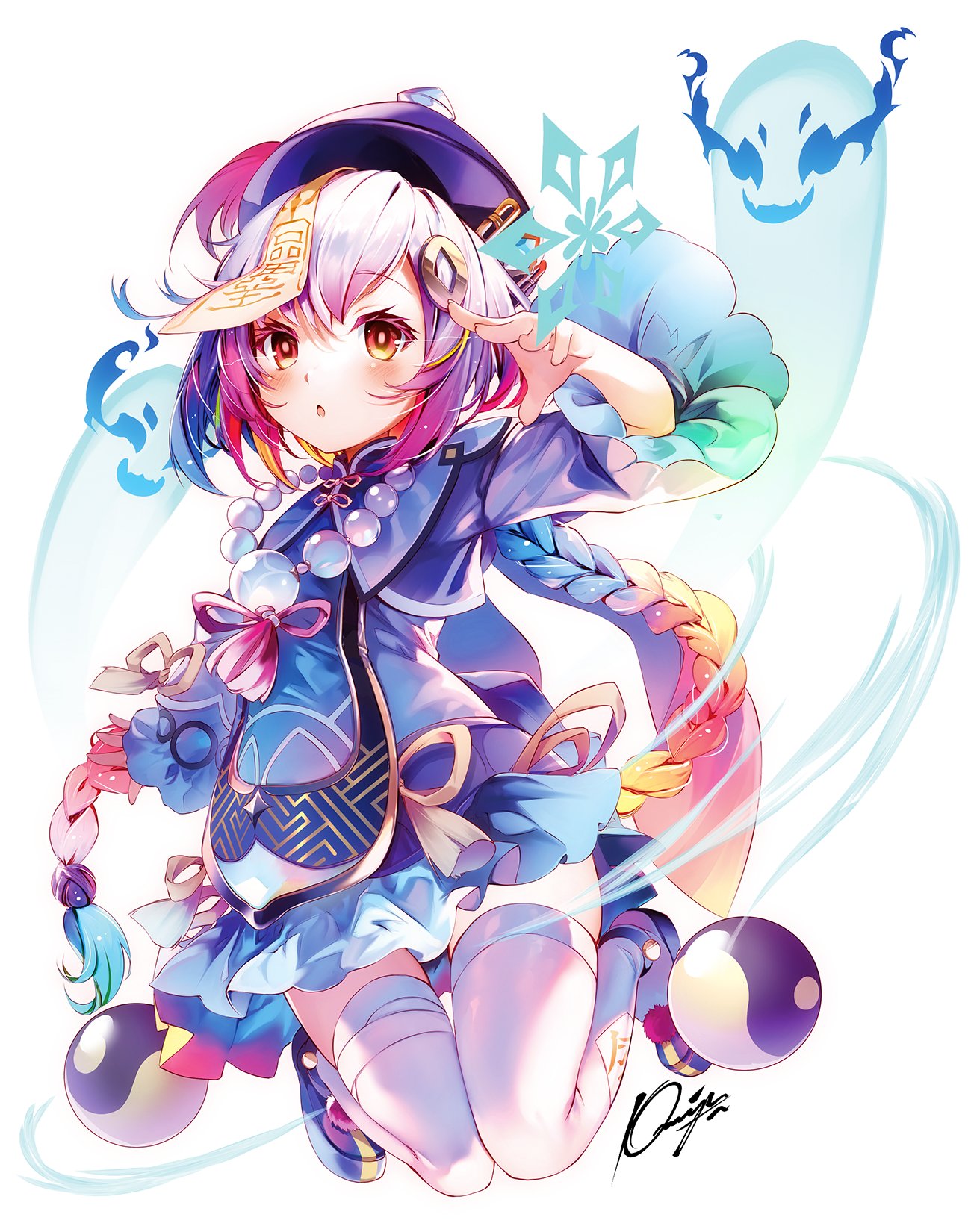 1girl bead_necklace beads black_footwear blush braid braided_ponytail coin_hair_ornament colorful commentary dress feet_up floating full_body genshin_impact ghost hair_ornament hand_up hat highres jewelry jiangshi kamiya_yuu long_hair long_sleeves looking_at_viewer necklace ofuda_on_head ofuda_on_leg open_mouth orb purple_dress purple_hair purple_headwear qingdai_guanmao qiqi_(genshin_impact) red_eyes signature snowflakes solo talisman tassel thighhighs thighs vision_(genshin_impact) white_background white_thighhighs wind yin_yang yin_yang_orb