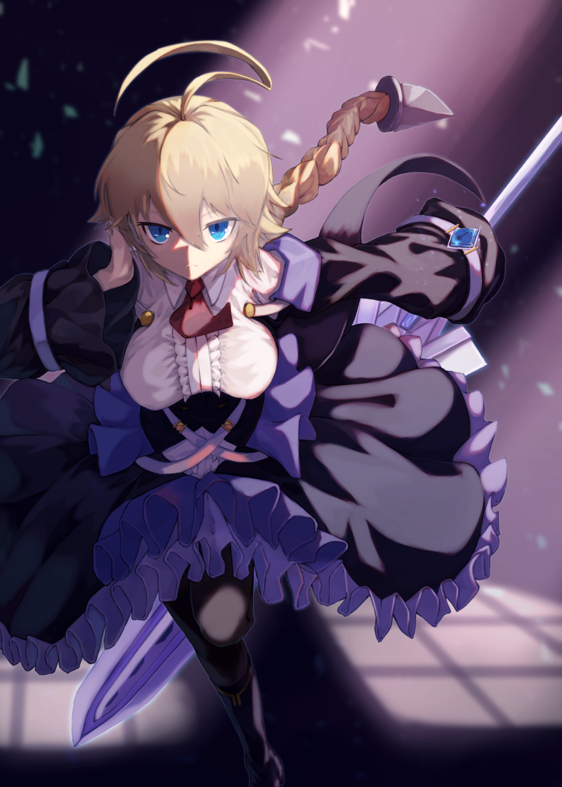 1girl ahoge belt blazblue blonde_hair blue_eyes braid braided_ponytail breasts collared_shirt dress es_(xblaze) frilled_dress frilled_skirt frills hair_between_eyes holding holding_sword holding_weapon huge_ahoge huge_weapon large_breasts long_hair long_sleeves necktie online_neet pantyhose shirt skirt slit_pupils sword weapon wide_sleeves