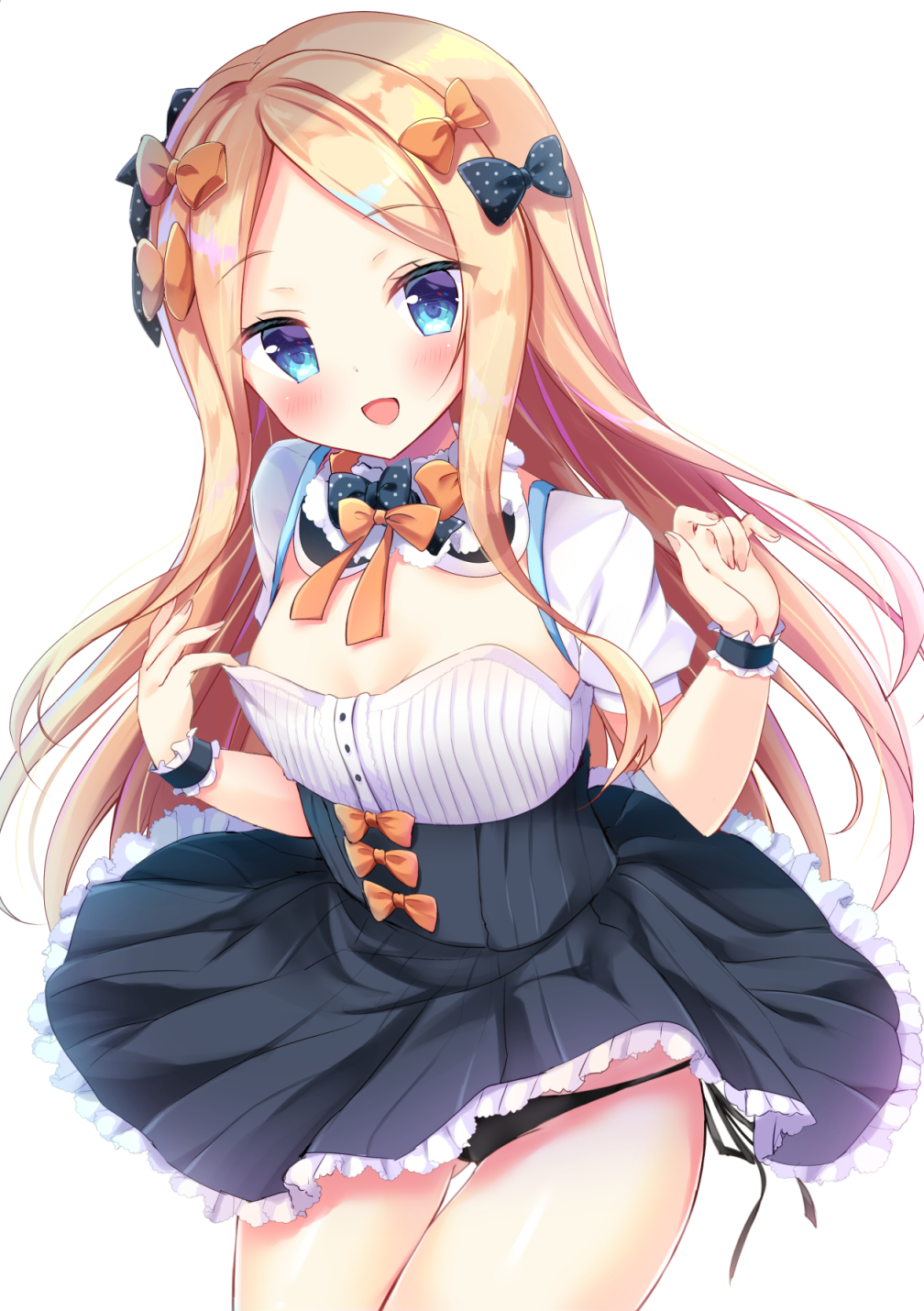 1girl abigail_williams_(fate/grand_order) bangs black_panties blonde_hair blue_eyes blush bow breasts choker collarbone commentary_request cowboy_shot dress eyebrows_visible_through_hair fate/grand_order fate_(series) frills gluteal_fold hair_between_eyes highres long_hair looking_at_viewer maid masayo_(gin_no_ame) medium_breasts no_bra open_mouth orange_bow panties parted_bangs polka_dot polka_dot_bow ribbon short_sleeves side-tie_panties simple_background smile solo standing underwear very_long_hair white_background wrist_cuffs