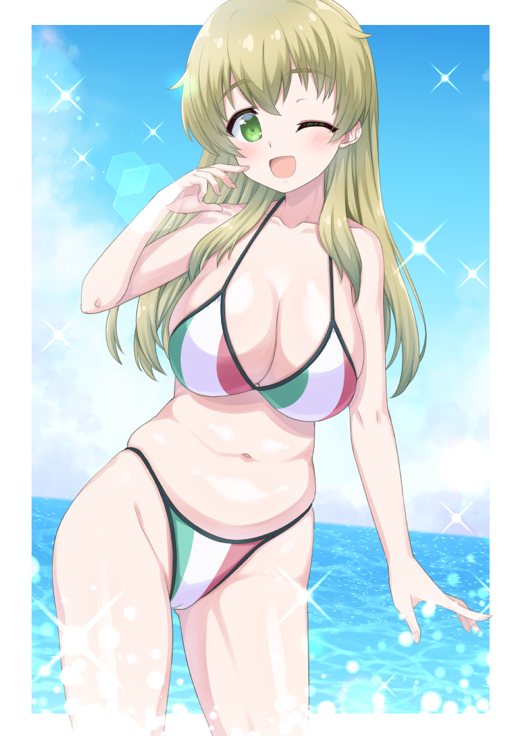 1girl bikini blonde_hair blue_sky breasts carpaccio_(girls_und_panzer) cleavage cloud commentary_request day flag_print girls_und_panzer green_eyes horizon igarashi_(igarashi_346) italian_flag_print large_breasts long_hair navel ocean outdoors sky smile solo sparkle swimsuit white_bikini