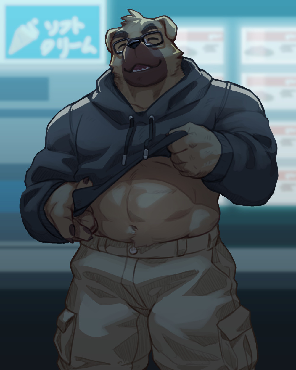 1boy aggressive_retsuko animal_ears bara black_hoodie brown_shorts cargo_shorts claws closed_eyes clothes_lift dog_boy dog_ears dokachin_(aggretsuko) furry furry_male glasses highres hood hoodie hoodie_lift looking_at_viewer male_focus open_mouth pawpads sharp_teeth shorts smile teeth thick_eyebrows toned toned_male vending_machine zoyu_(wuedti)