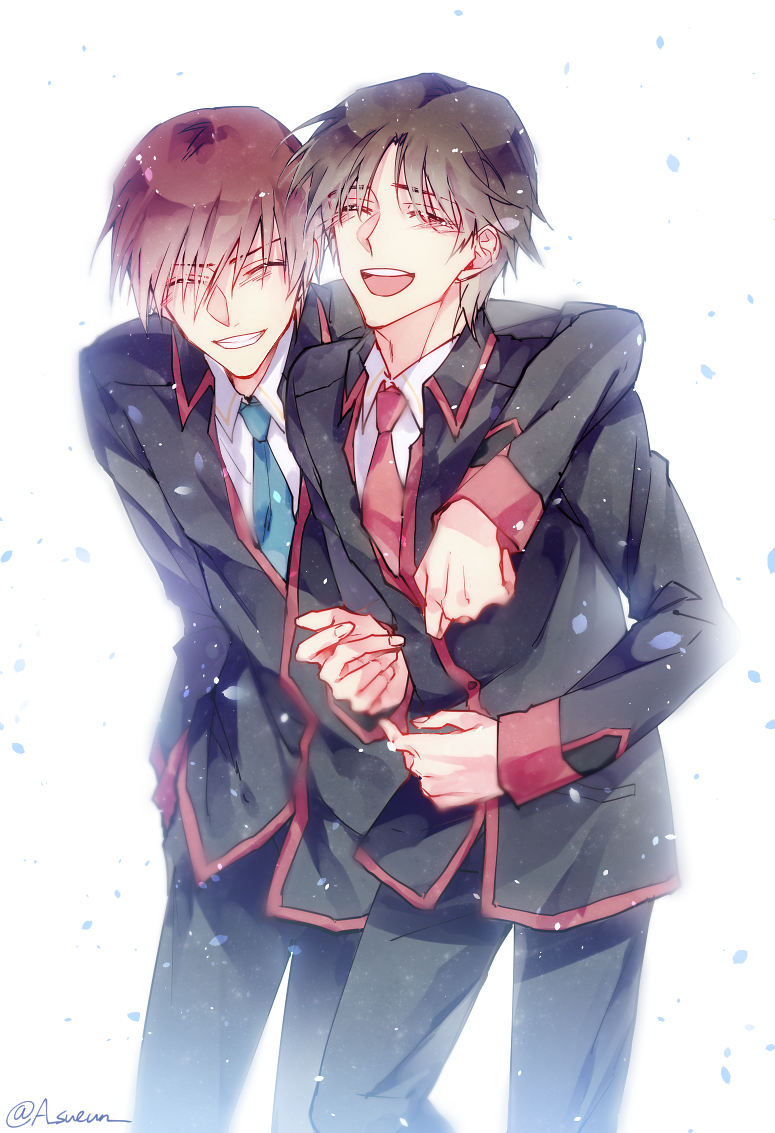 2boys :d ^_^ arms_around_neck black_hair black_jacket blazer bloom blue_necktie brown_hair closed_eyes commentary_request cowboy_shot grin h_sueun hair_between_eyes hug jacket laughing little_busters! little_busters!_school_uniform long_sleeves multiple_boys multiple_girls naoe_riki natsume_kyousuke necktie open_mouth red_necktie school_uniform side-by-side simple_background smile standing teeth twitter_username upper_teeth_only white_background