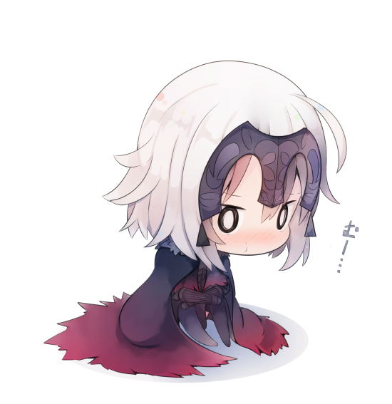 0_0 1girl bangs beni_shake black_cape black_legwear blush cape chibi commentary_request eyebrows_visible_through_hair fate/grand_order fate_(series) full_body gauntlets gradient gradient_cape hair_between_eyes headpiece jeanne_d'arc_(alter)_(fate) jeanne_d'arc_(fate)_(all) leg_hug nose_blush pantyhose red_cape shadow sitting solo translation_request white_background white_hair