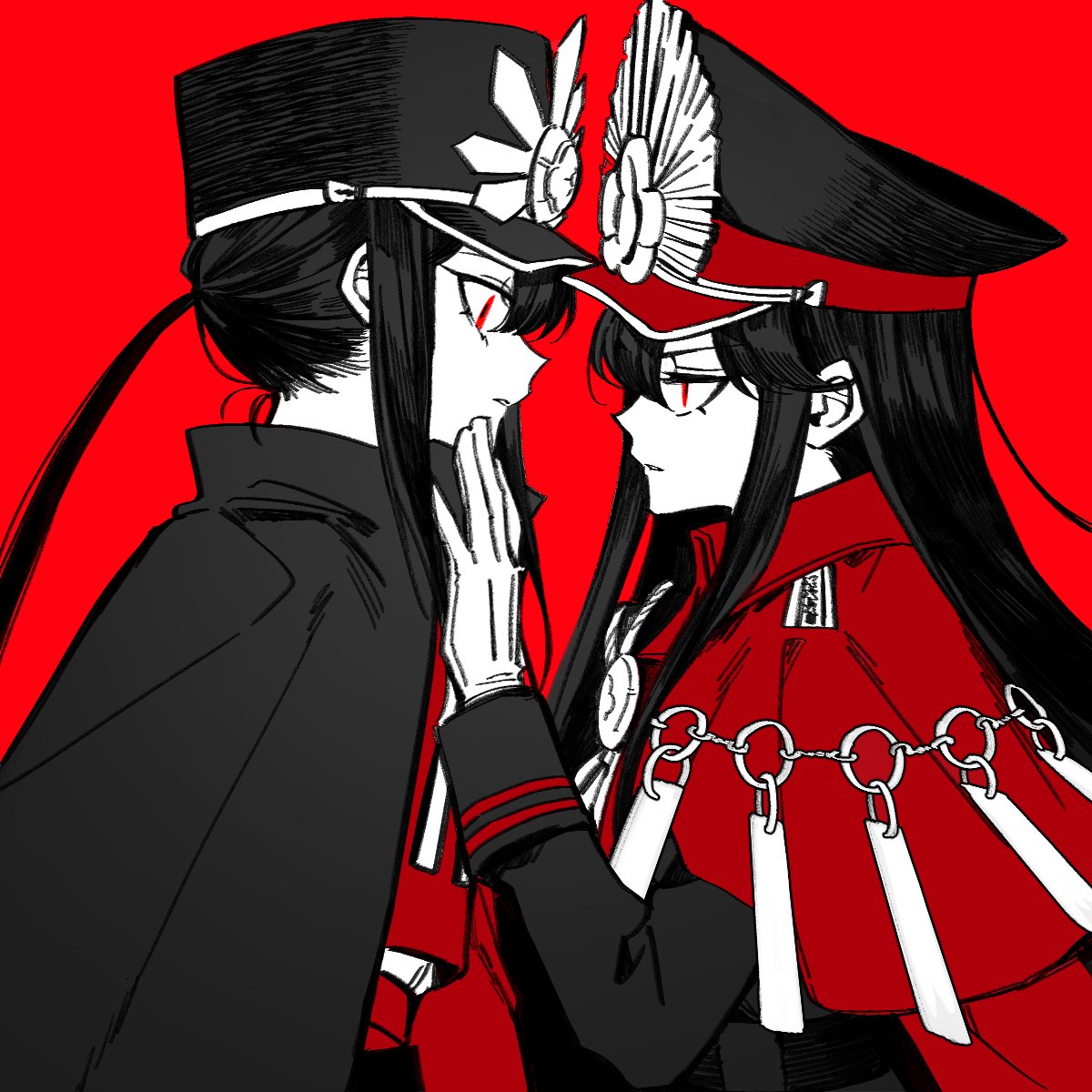 1boy 1girl black_hair brother_and_sister cape facing_another family_crest fate/grand_order fate_(series) hands_on_another's_face hat highres medallion military_hat oda_nobukatsu_(fate) oda_nobunaga_(fate) oda_uri otoko_no_ko peaked_cap ponytail red_background red_cape red_eyes sempon_(doppio_note) siblings sidelocks simple_background